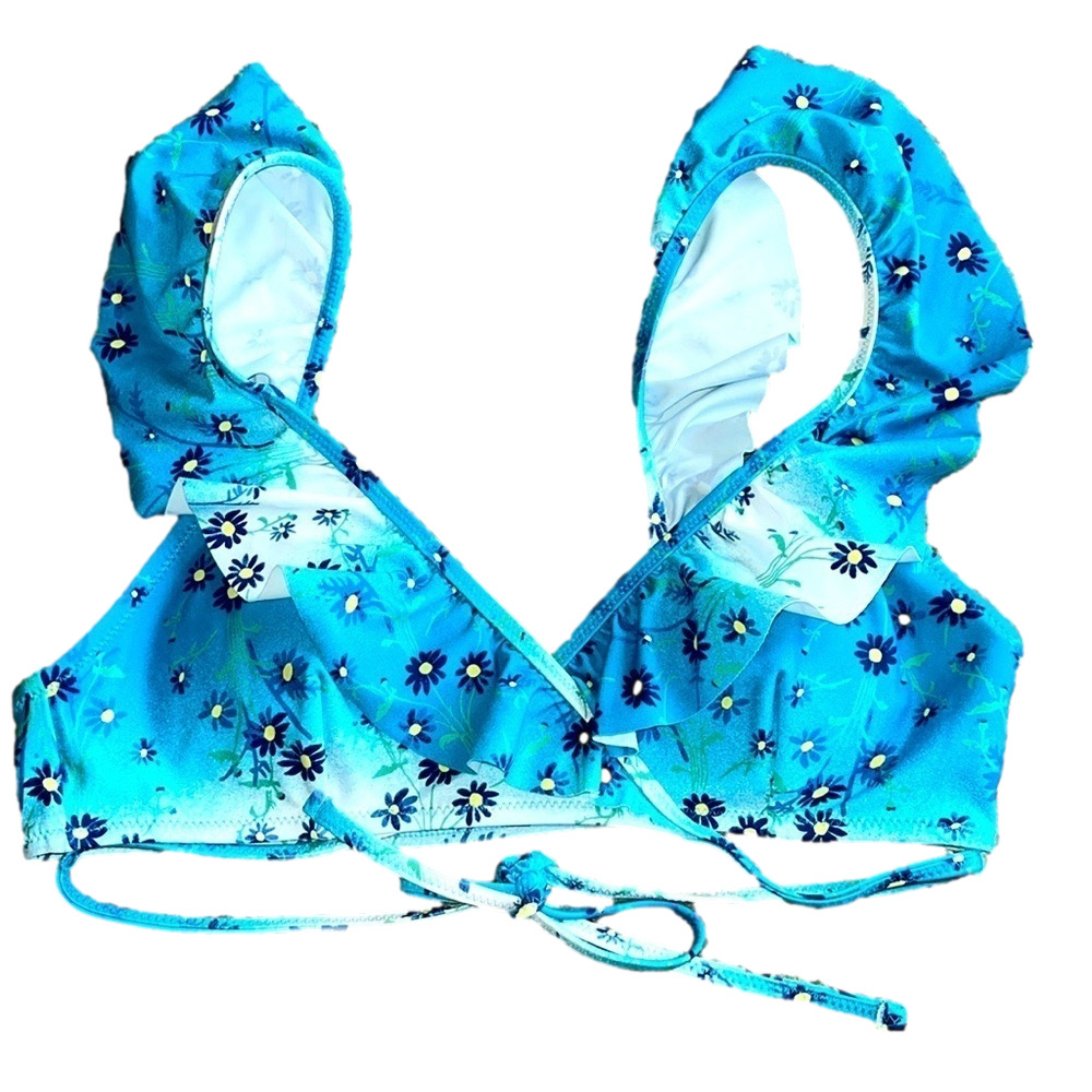 Like new Aerie Blue Floral Printed Ruffle Wrap Bikini Top small